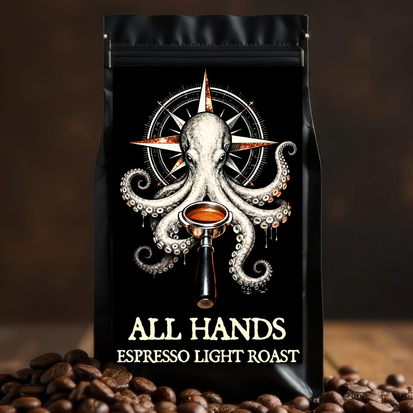 Coffee bag with an octopus design and 'All Hands Espresso Light Roast' text, surrounded by coffee beans.