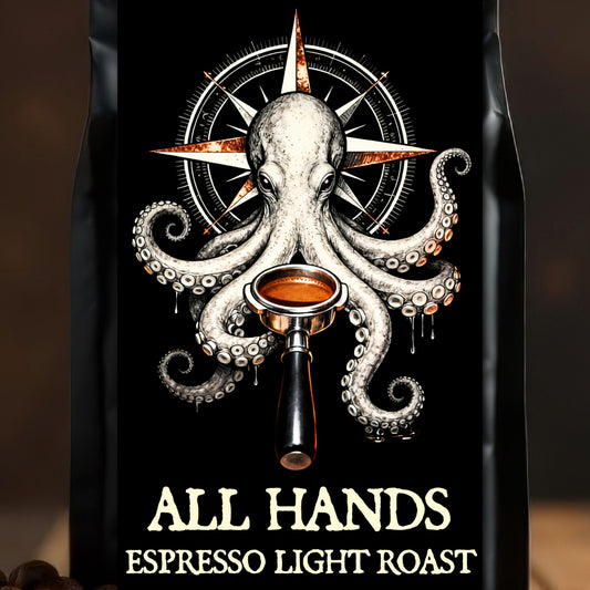 Coffee bag with an octopus holding a coffee scoop and 'All Hands Espresso Light Roast' text.