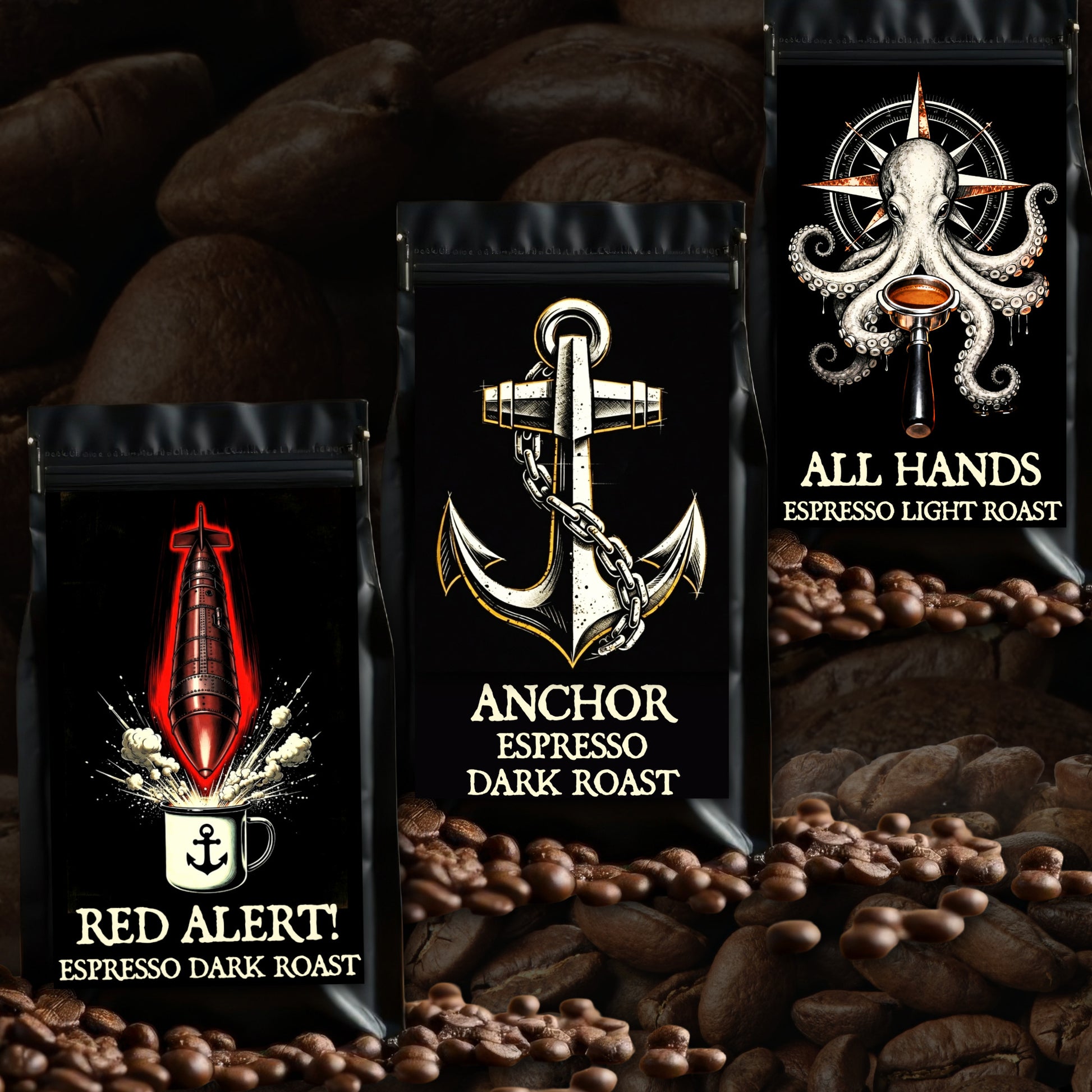 Three coffee bags with different roast types on a bed of coffee beans. Veteran-owned espresso coffee bundle with dark roast, light espresso roast, and African espresso blend roasted to order