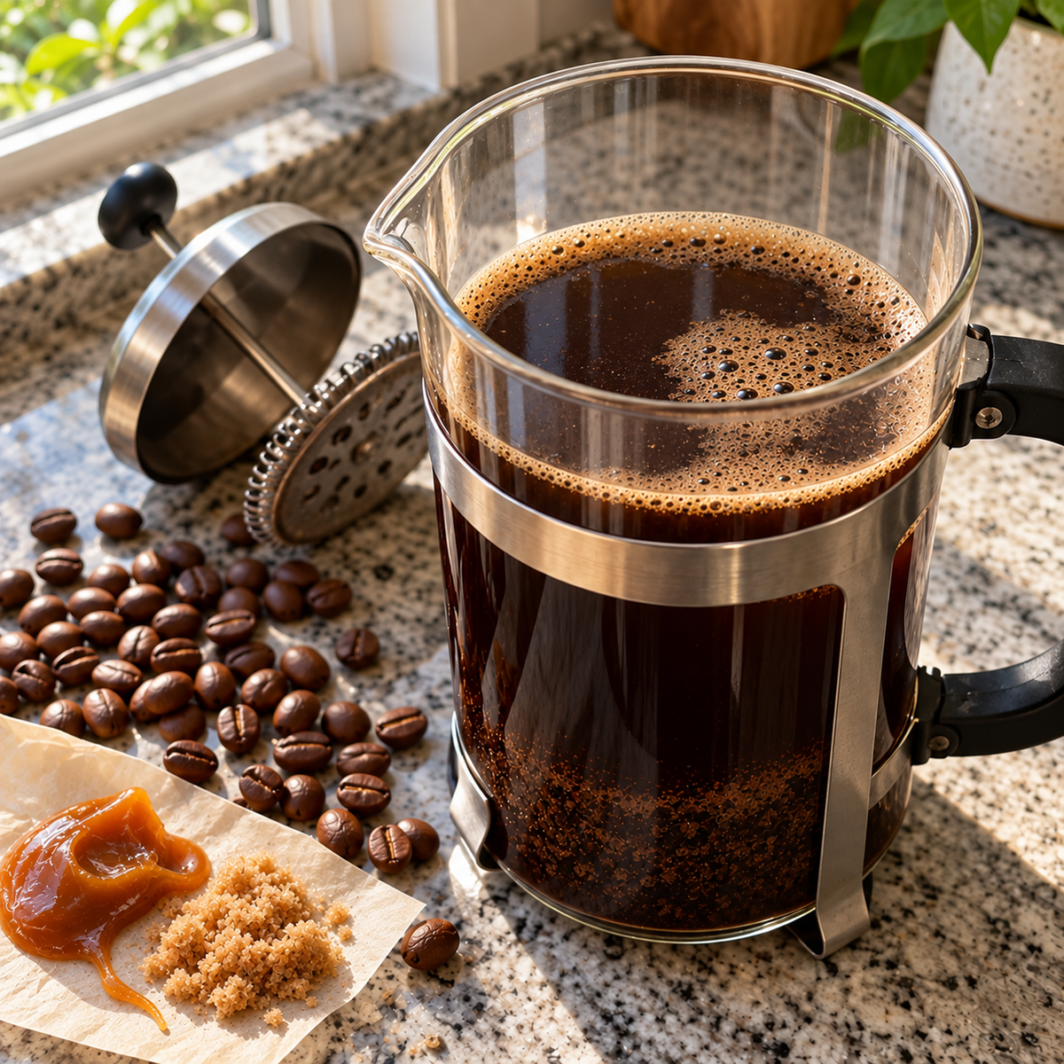 Bilge Brew FODZILLA medium-dark roast steeping in a French press beside soft caramel and fine brown sugar.