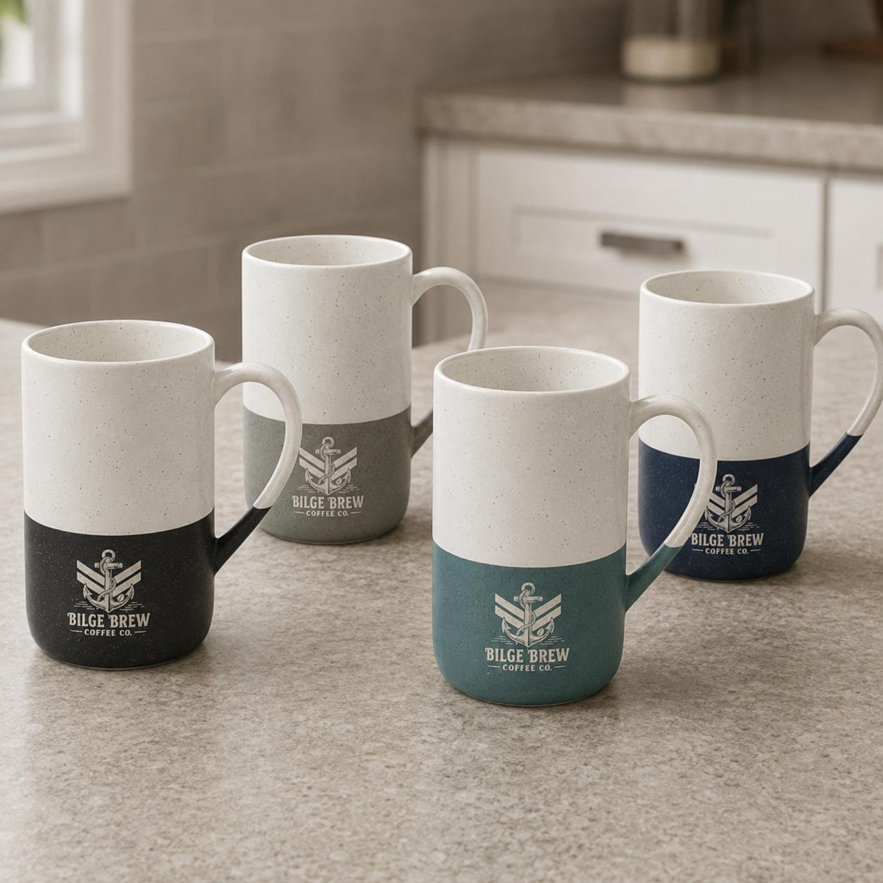 Four ceramic coffee mugs with a two-tone design are arranged on a kitchen countertop. Each mug has a white upper half and a contrasting lower half in black, gray, teal, or navy, featuring a white printed anchor logo and the text 'BILGE BREW COFFEE CO.