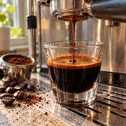Bilge Brew JP-5 Jet Fuel dark roast espresso flowing from a bottomless portafilter into a clear shot glass.