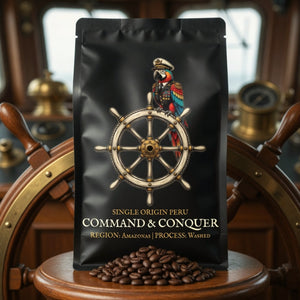COMMAND and CONQUER coffee bag, single origin peru by bilge brew