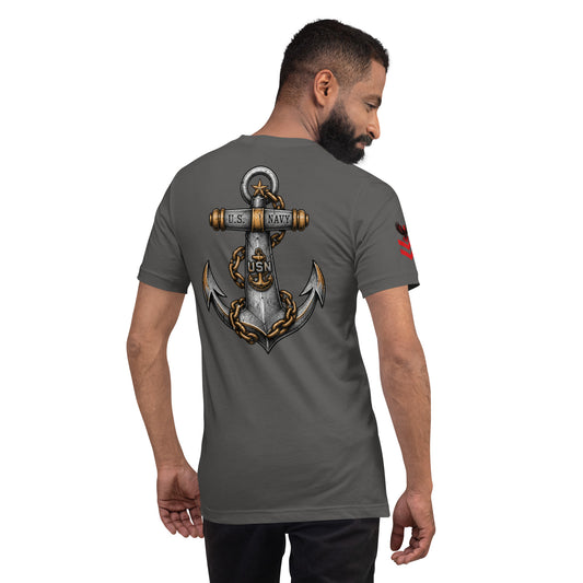 Man wearing a gray t-shirt with a U.S. Navy anchor design on the back.