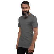 Man wearing a gray t-shirt with a logo on a white background