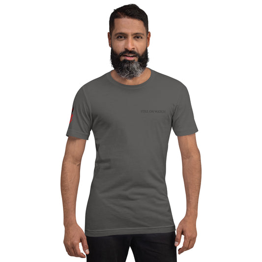 Man wearing a gray t-shirt with text on a white background