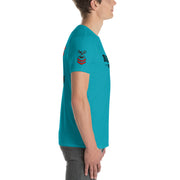 Person wearing a teal t-shirt on a white background
