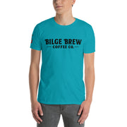 Person wearing a turquoise t-shirt with 'Bilge Brew Coffee Co.' text on a white background