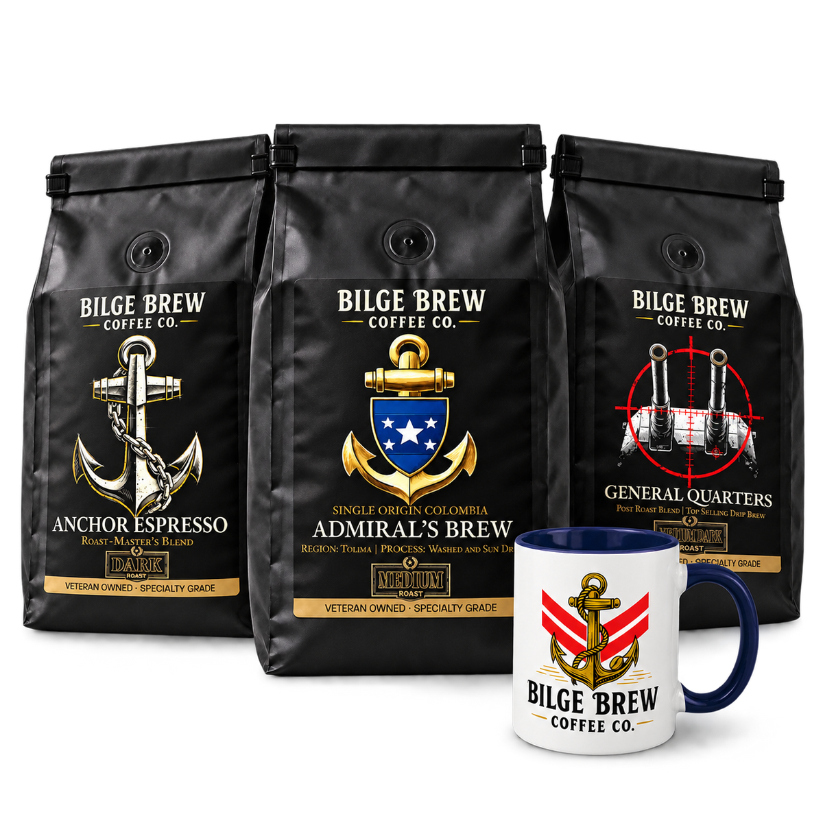 Three black Bilge Brew Coffee Co. coffee bags and a white ceramic mug with a navy blue handle, all featuring the anchor logo and brand name on a clean white background.