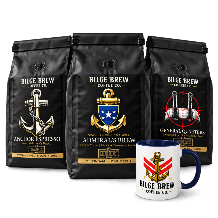 Three black Bilge Brew Coffee Co. coffee bags and a white ceramic mug with a navy blue handle, all featuring the anchor logo and brand name on a clean white background.