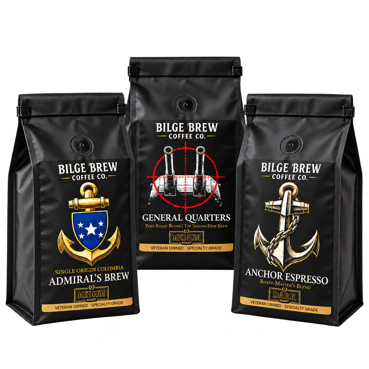 Three black coffee bags from Bilge Brew Coffee Co. arranged together on a white background: Admiral's Brew, General Quarters, and Anchor Espresso.