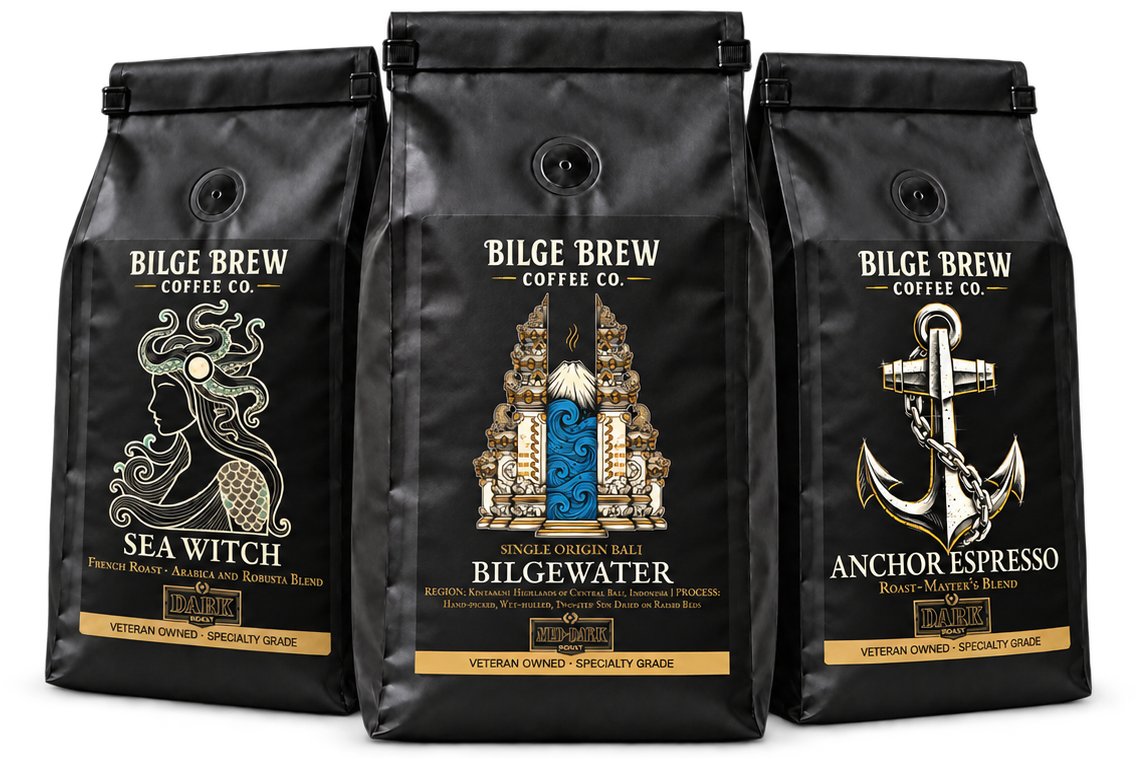 Three black coffee bags from Bilge Brew Coffee Co. standing side by side on a white background.