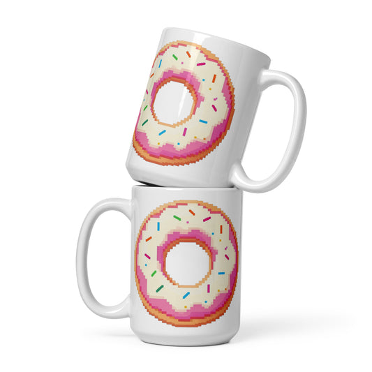 Two stacked white ceramic mugs featuring a pixel-art style donut design with pink frosting, white icing, and multicolored sprinkles on a clean white background.