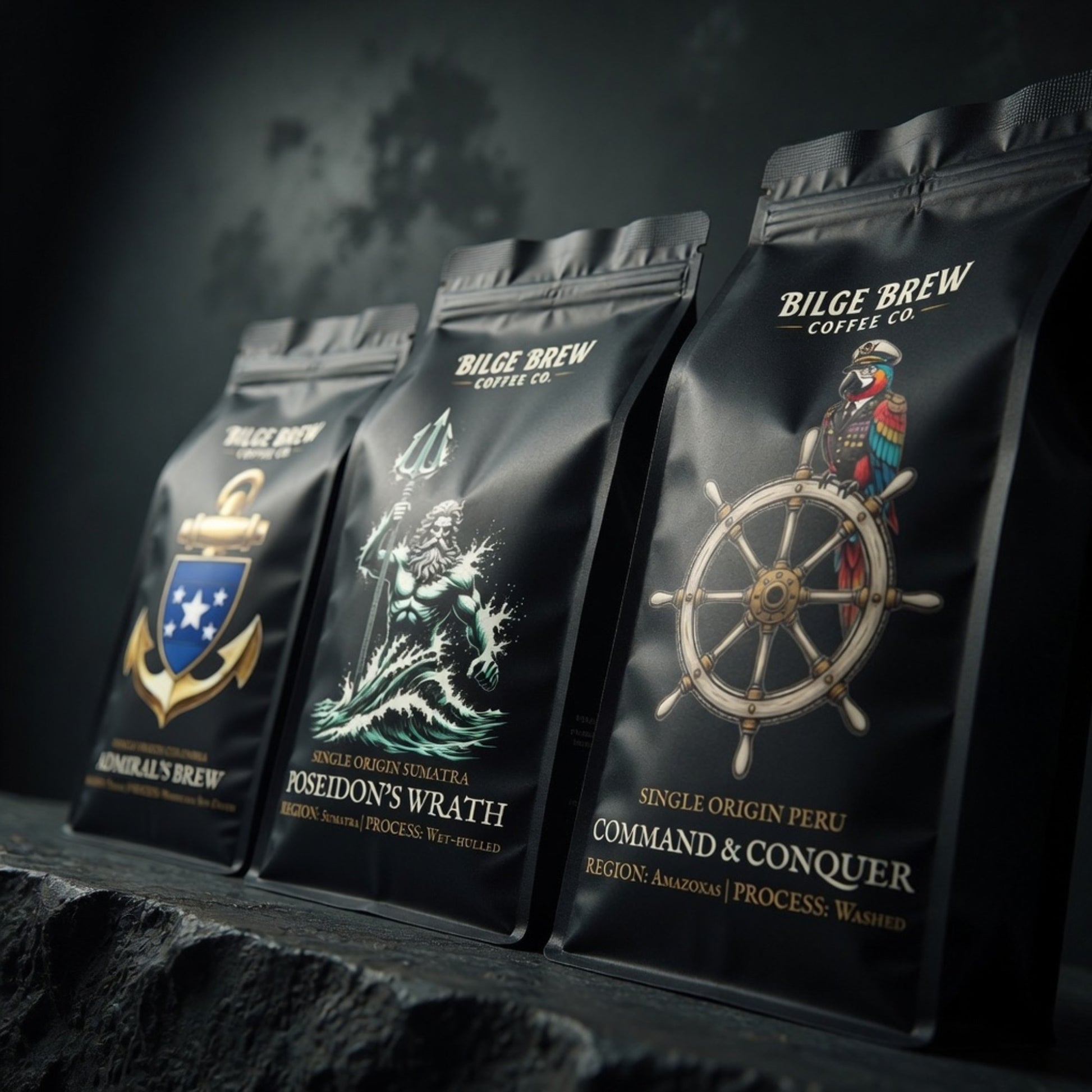 Three coffee bags from Bilge Brew Coffee Co. with different designs and names on a dark background