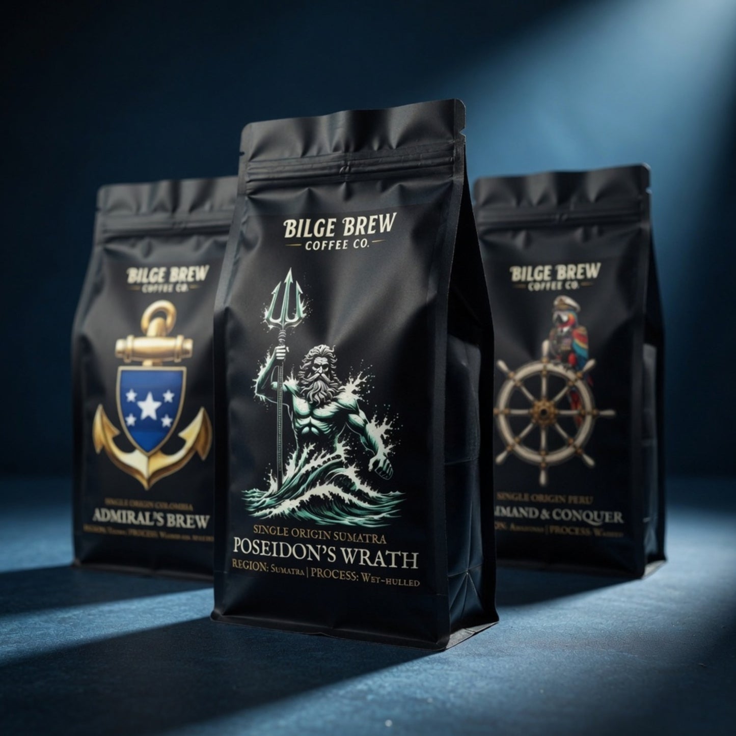 Three coffee bags from Bilge Brew Coffee Co. with different designs and names on a dark background