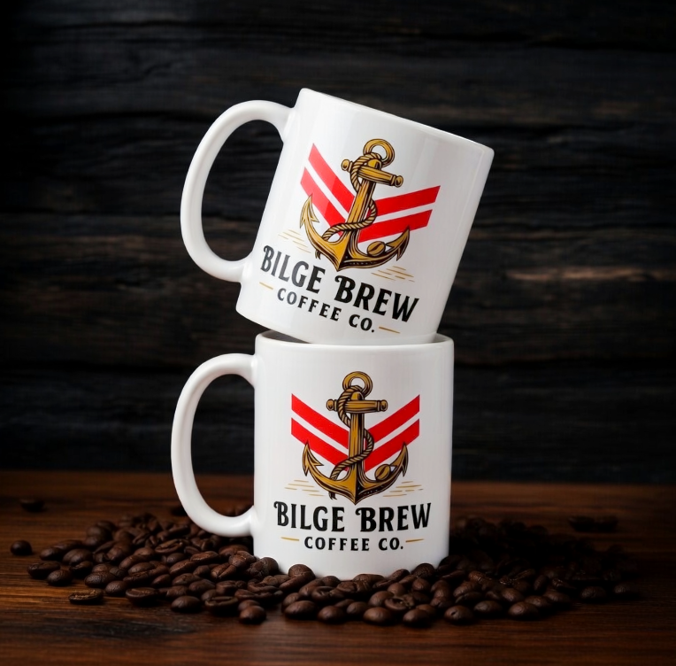 Two white mugs with an anchor design and 'Bilge Brew Coffee Co.' text on a dark wooden background.