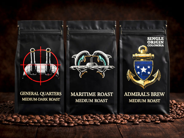 Three coffee bags with different roast types on a wooden surface with coffee beans.