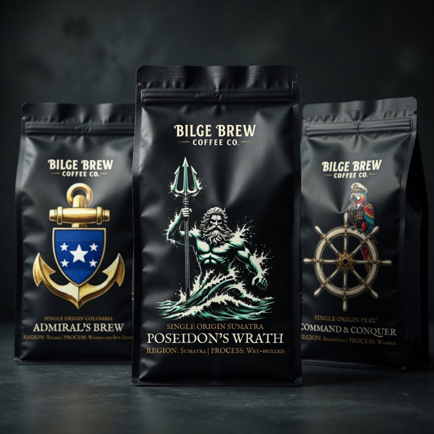 Three coffee bags from Bilge Brew Coffee Co. with different designs and names on a dark background