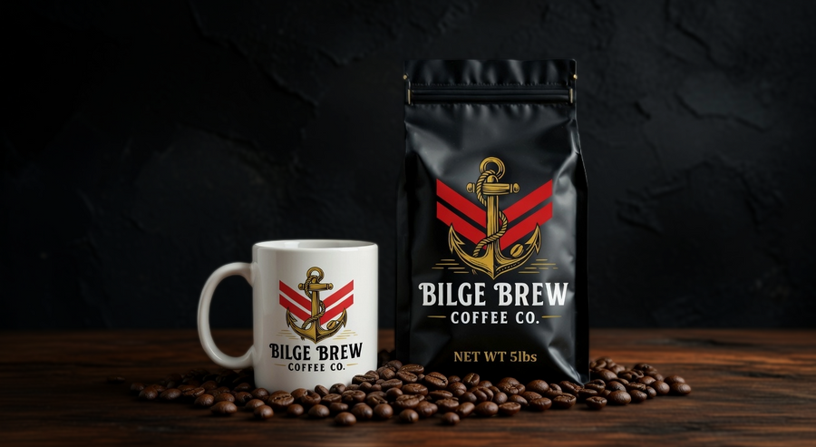 Bilge Brew Coffee Co. mug and coffee bag on a wooden surface with coffee beans.