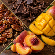 A four-quadrant close-up collage of food ingredients: dark chocolate shavings, toasted pecans, cubed mango, and sliced peaches on a wooden surface.