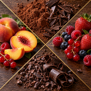 A four-panel close-up collage of chocolate and fruit ingredients on a dark wooden surface, including cocoa powder, chocolate shavings, sliced peaches, strawberries, raspberries, blueberries, and red currants.