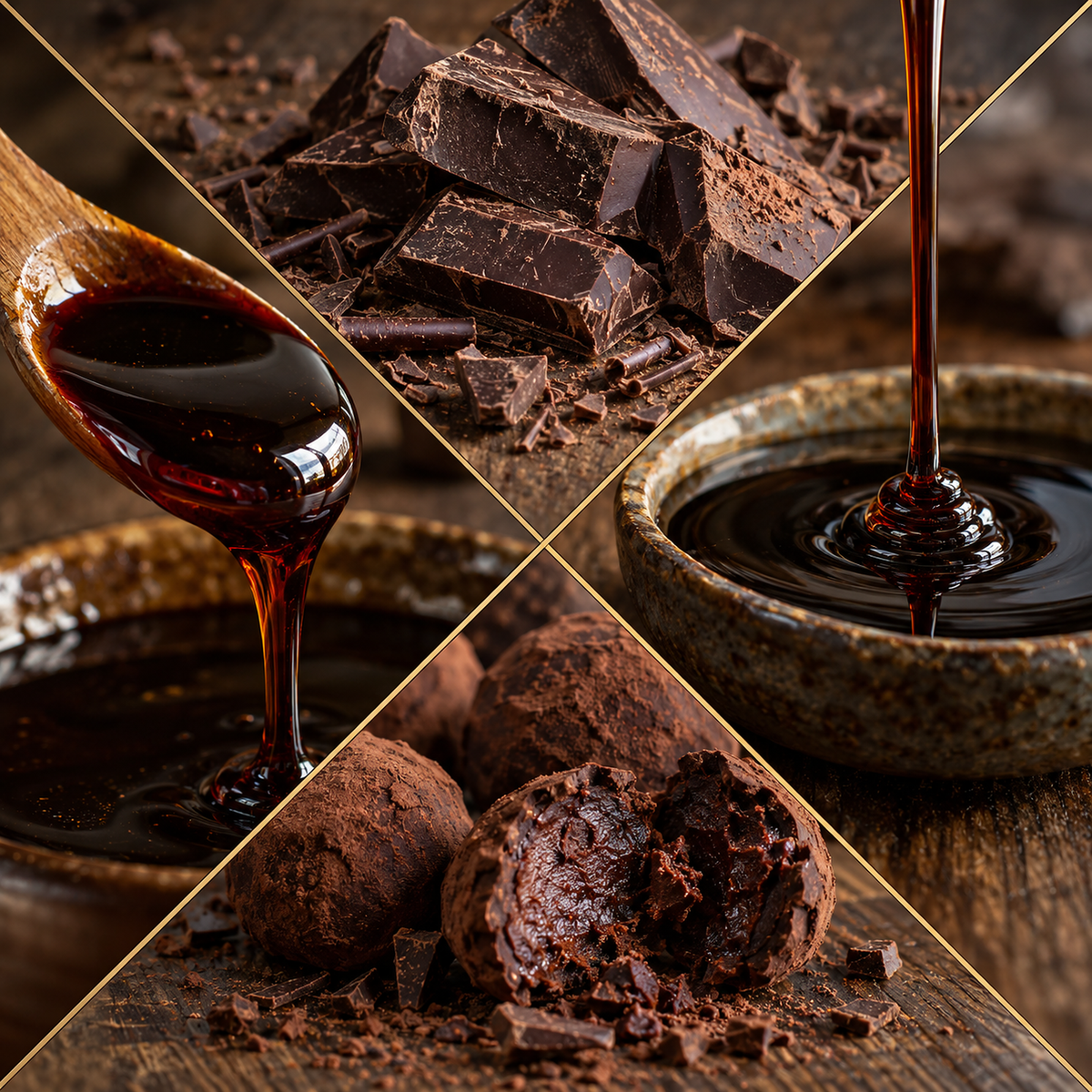 A four-panel collage showcasing rich chocolate and syrup ingredients: a wooden spoon filled with glossy dark chocolate syrup, a pile of broken dark chocolate pieces, a stream of syrup dripping into a ceramic bowl, and chocolate truffles and crumbs on a rustic wooden surface.