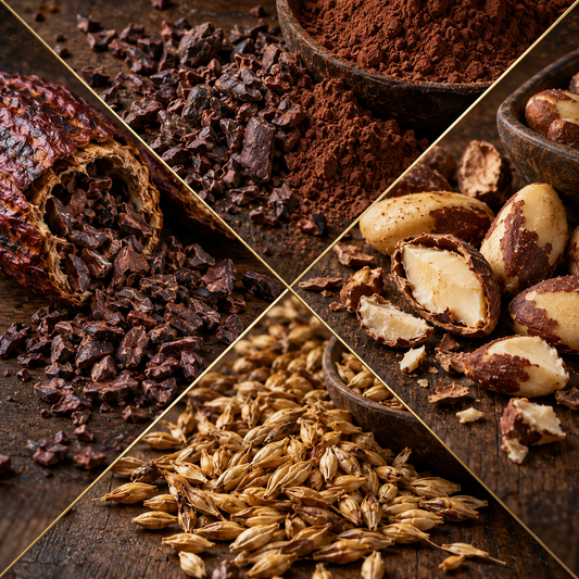 A four-panel collage showing cacao ingredients: a dried cacao pod bursting with dark chocolate pieces, cocoa powder in a bowl, split cacao beans, and a pile of cacao kernels on a rustic wooden surface.