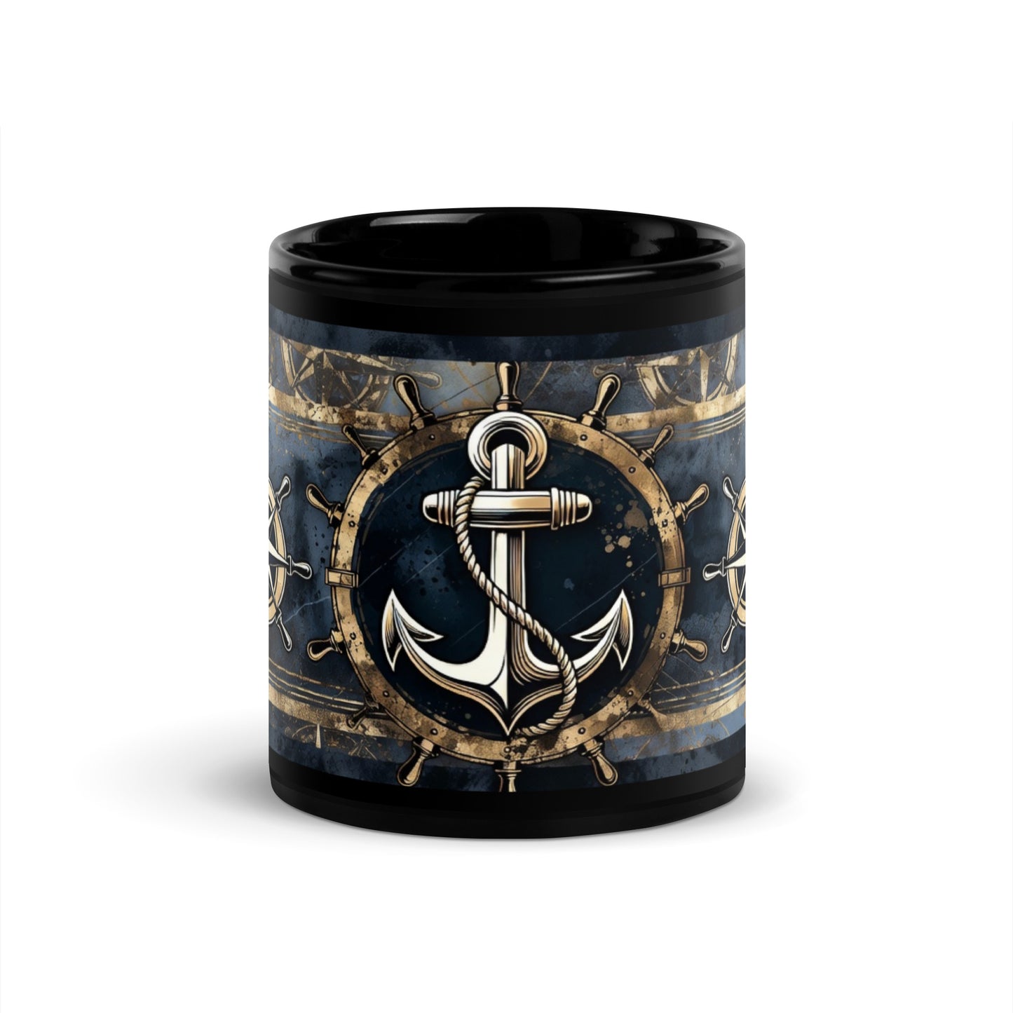 Mug with nautical design featuring an anchor and steering wheel on a blue background.
