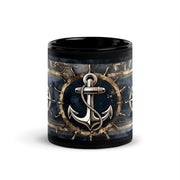 Mug with nautical design featuring an anchor and steering wheel on a blue background.