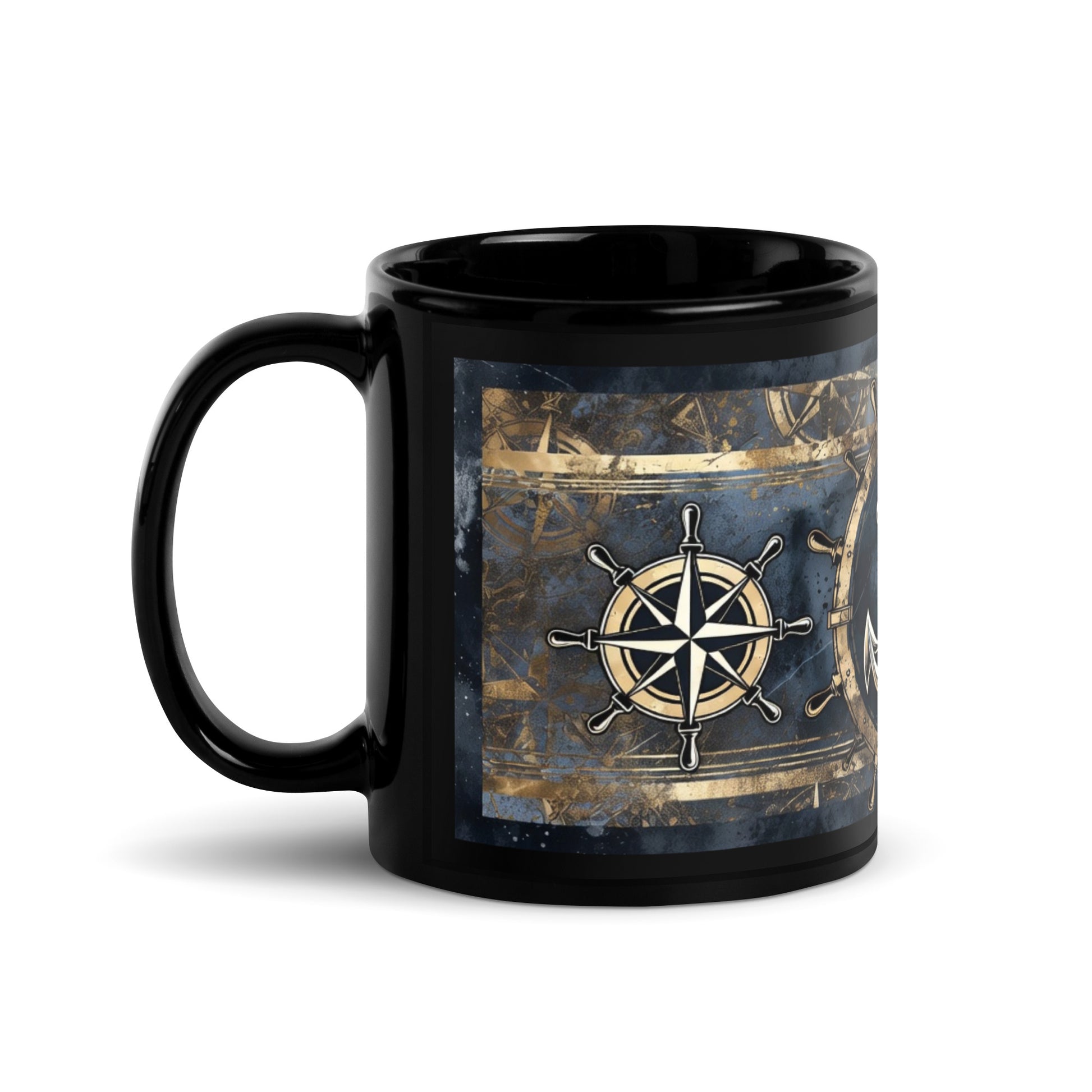 Black mug with a nautical design featuring a wheel and compass on a dark background.