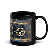 Black mug with nautical design featuring a wheel and compass on a white background