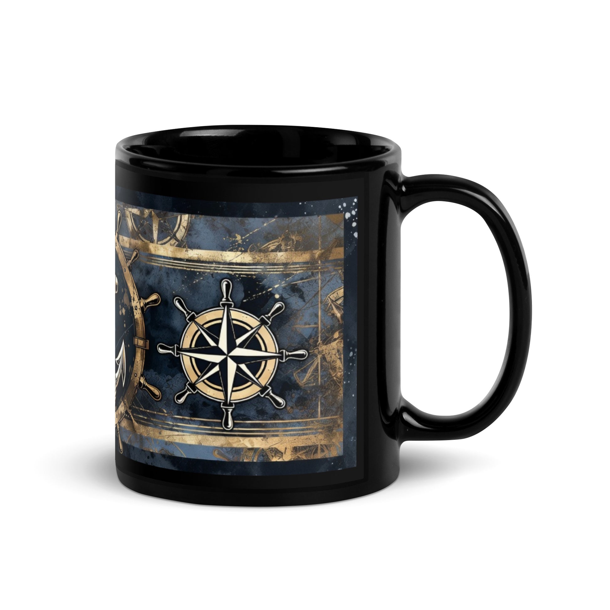 Black mug with nautical design featuring a wheel and compass on a white background