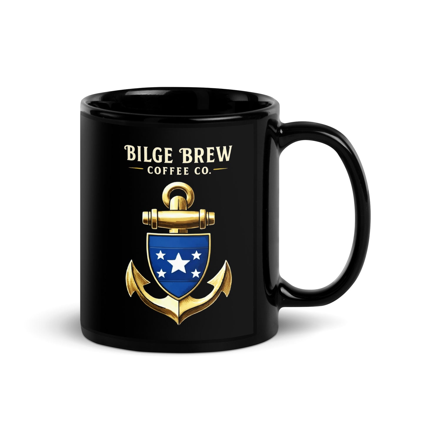 Black mug with 'Bilge Brew Coffee Co.' logo featuring an anchor on a white background