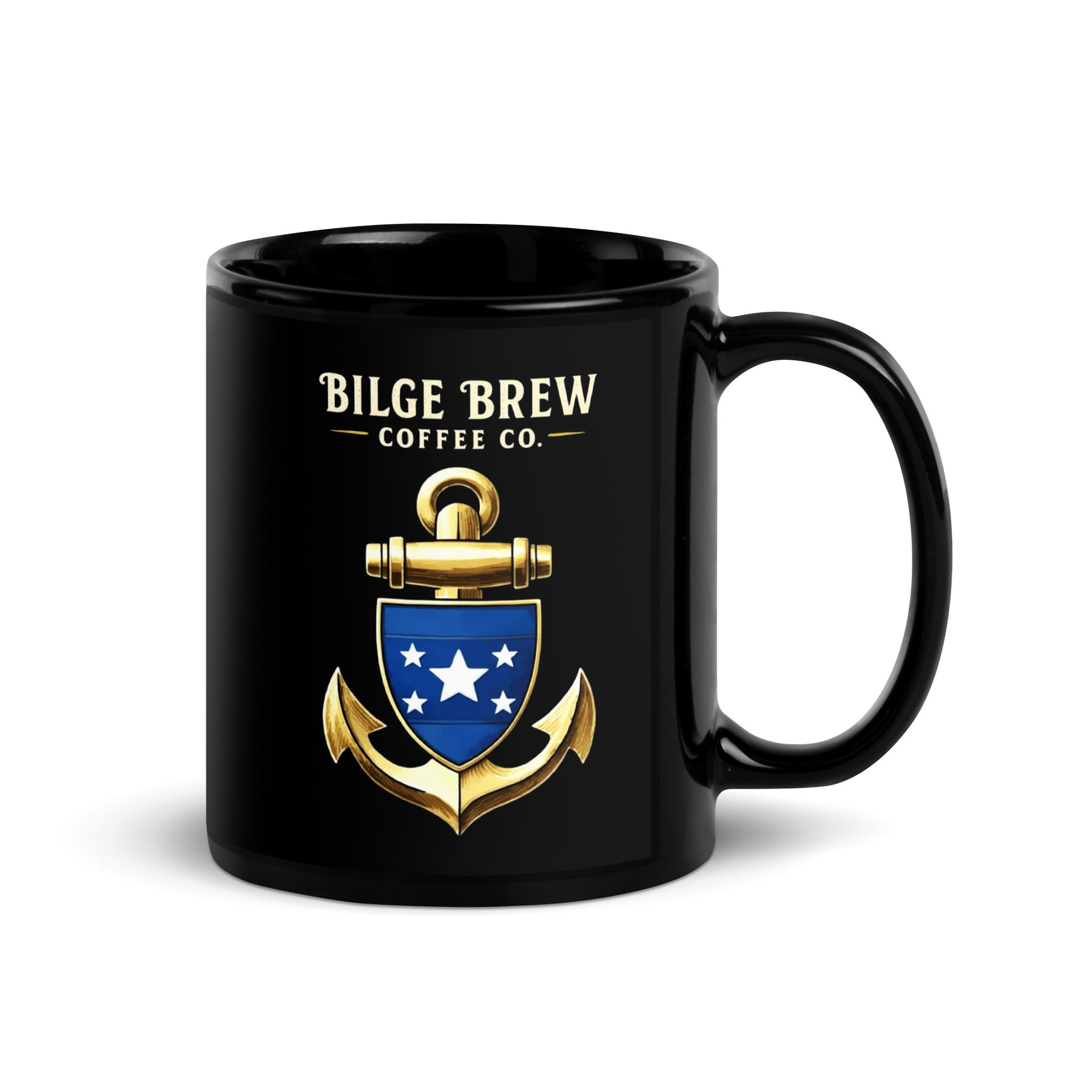 Black mug with 'Bilge Brew Coffee Co.' logo featuring an anchor on a white background
