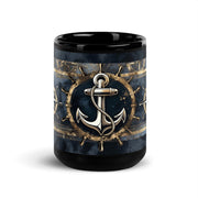 Mug with nautical design featuring an anchor and steering wheel on a blue background.