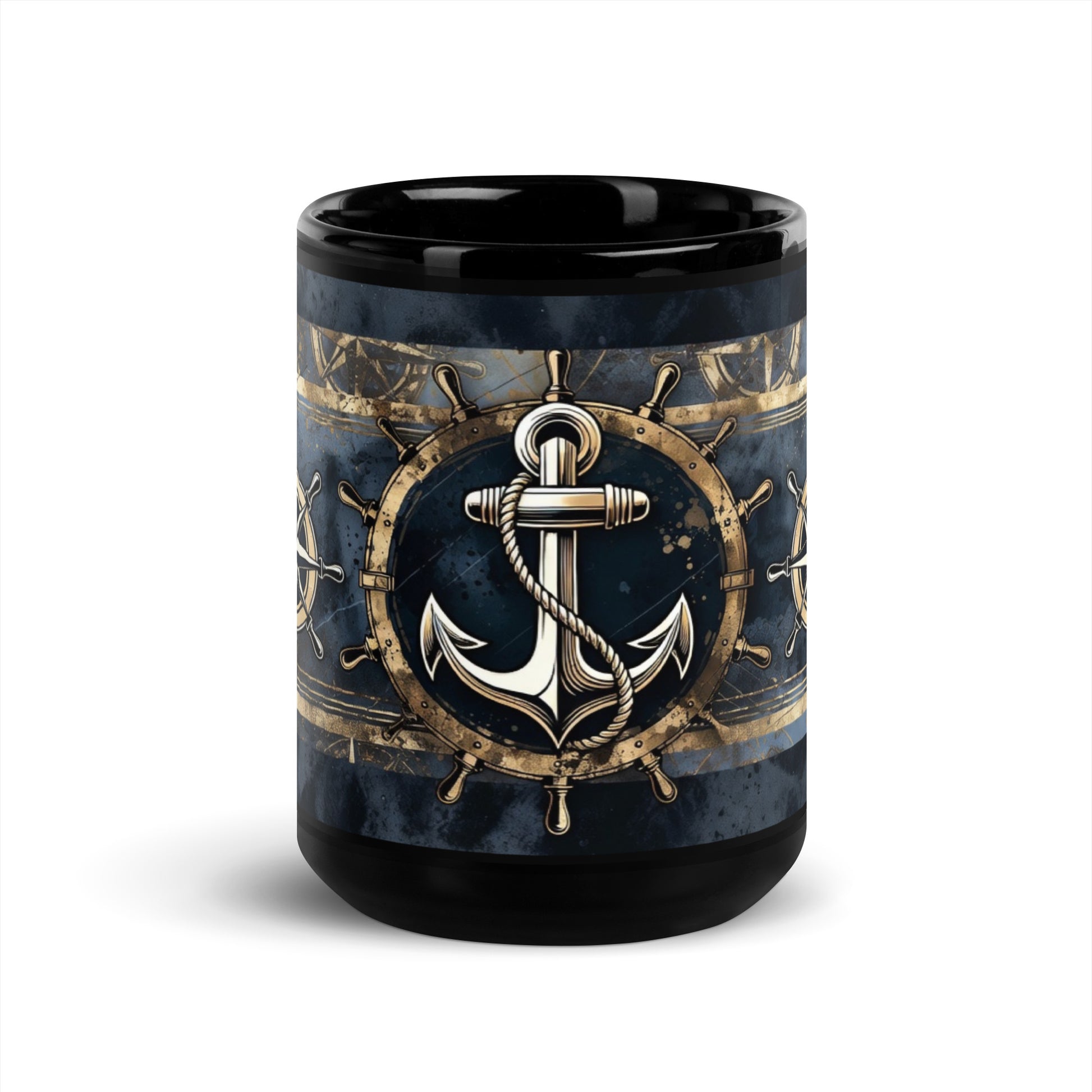 Mug with nautical design featuring an anchor and steering wheel on a blue background.