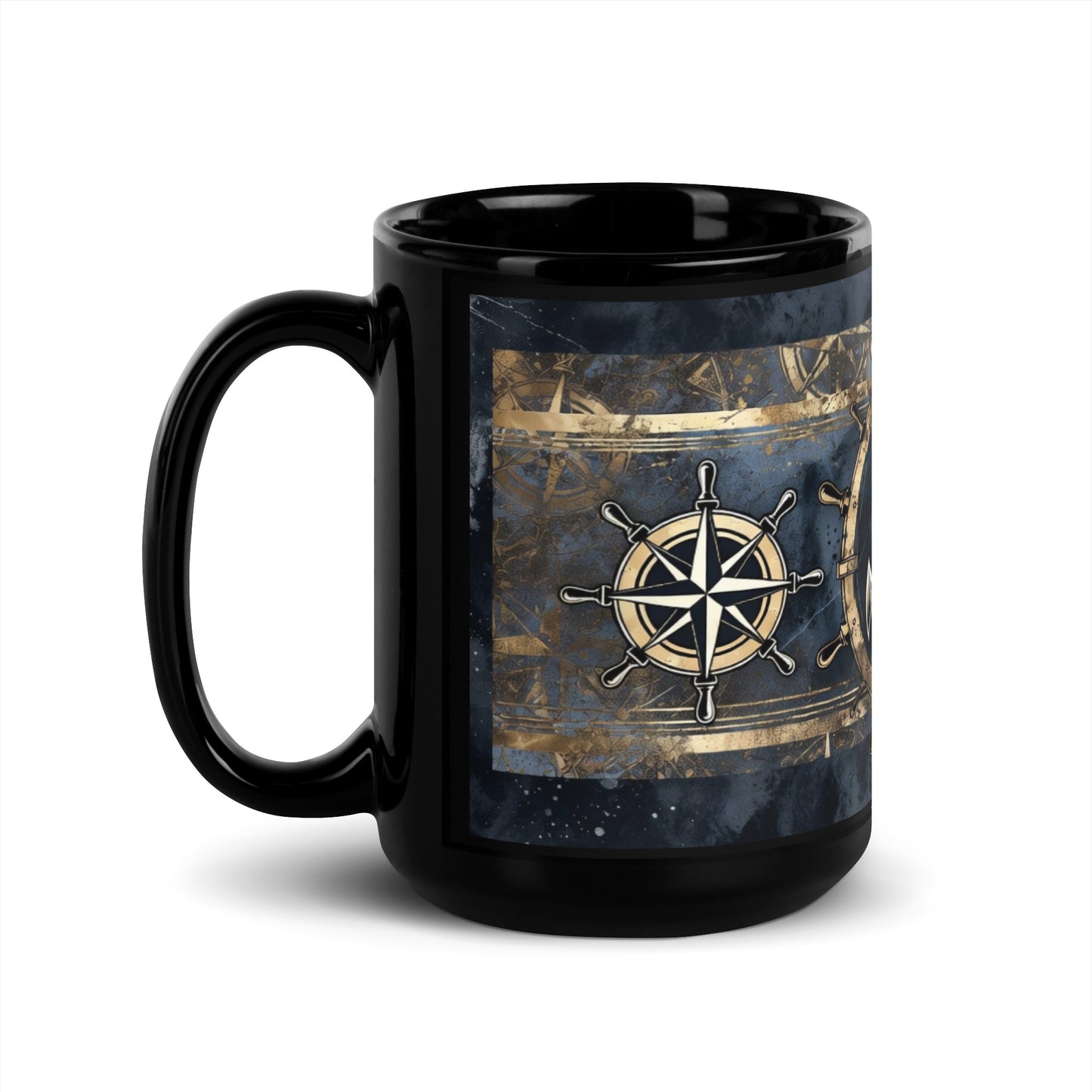 Black mug with a nautical design featuring a compass rose on a white background