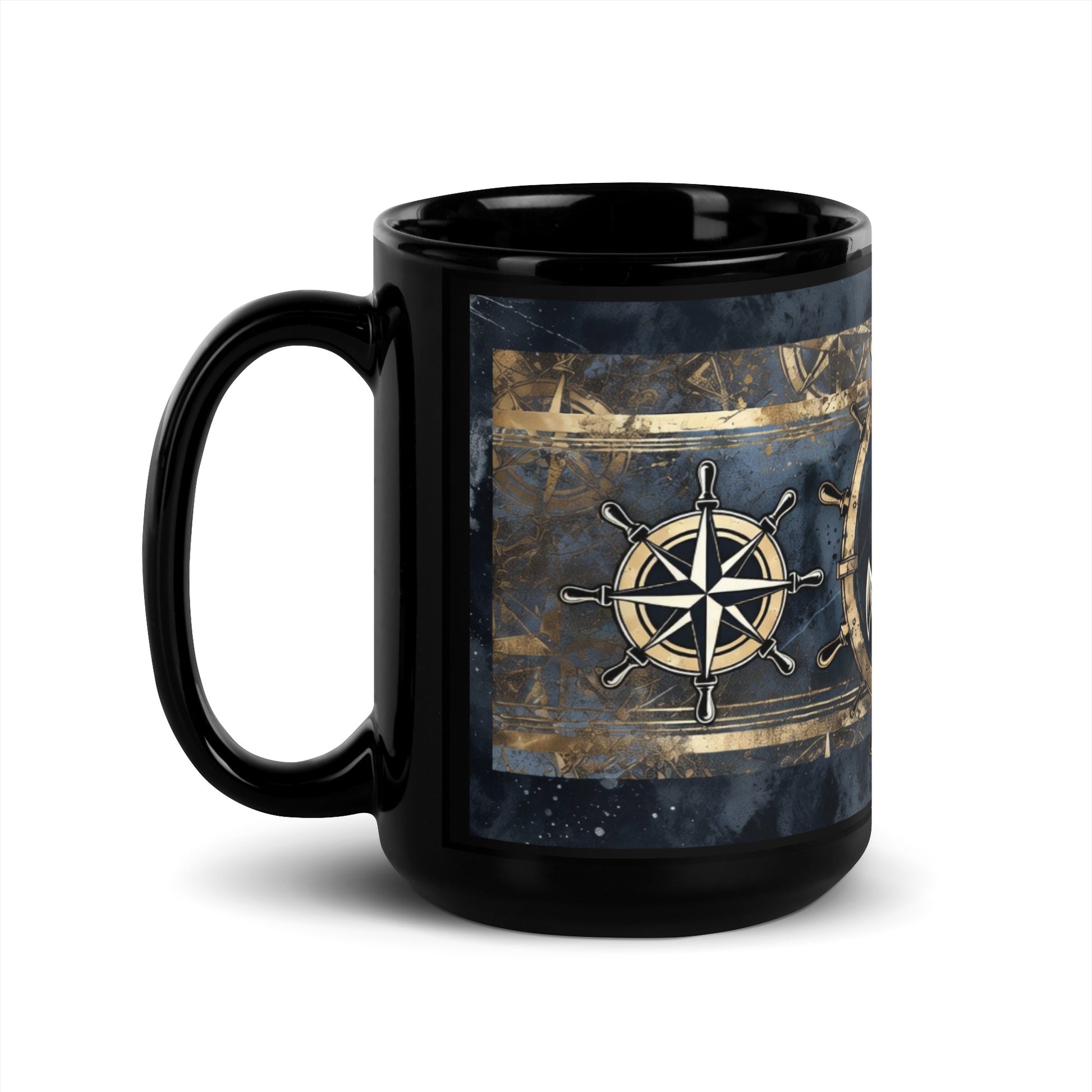 Black mug with a nautical design featuring a compass rose on a white background