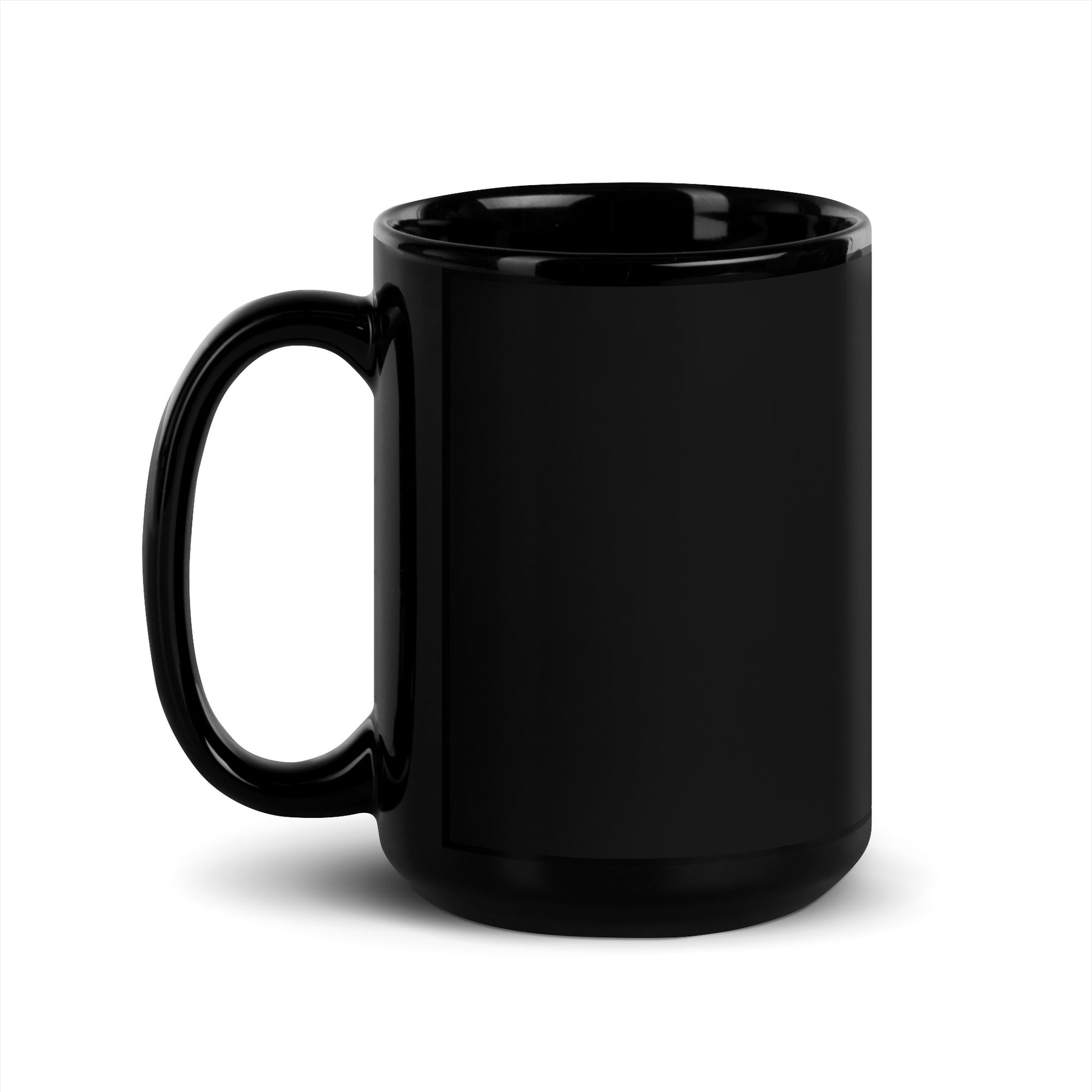 Black mug with a logo on a white background