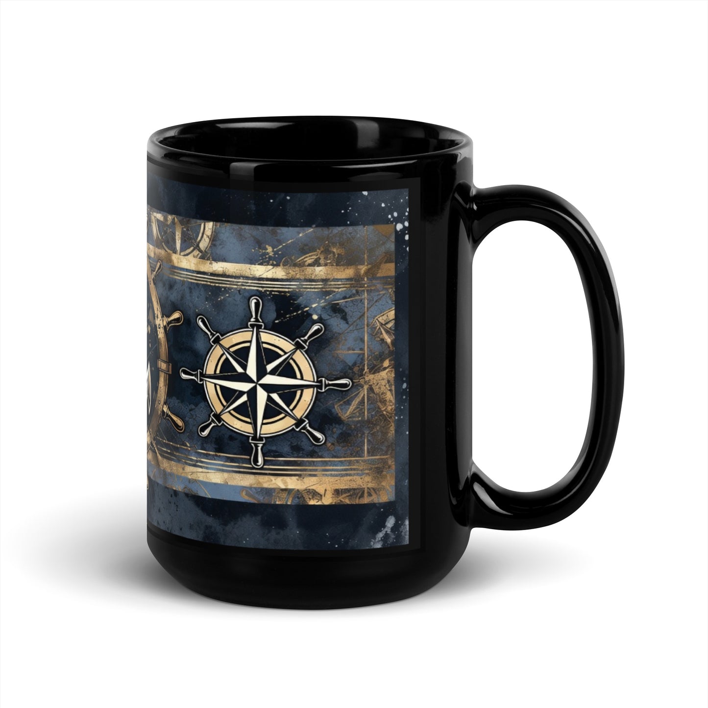 Black mug with a compass design on a white background