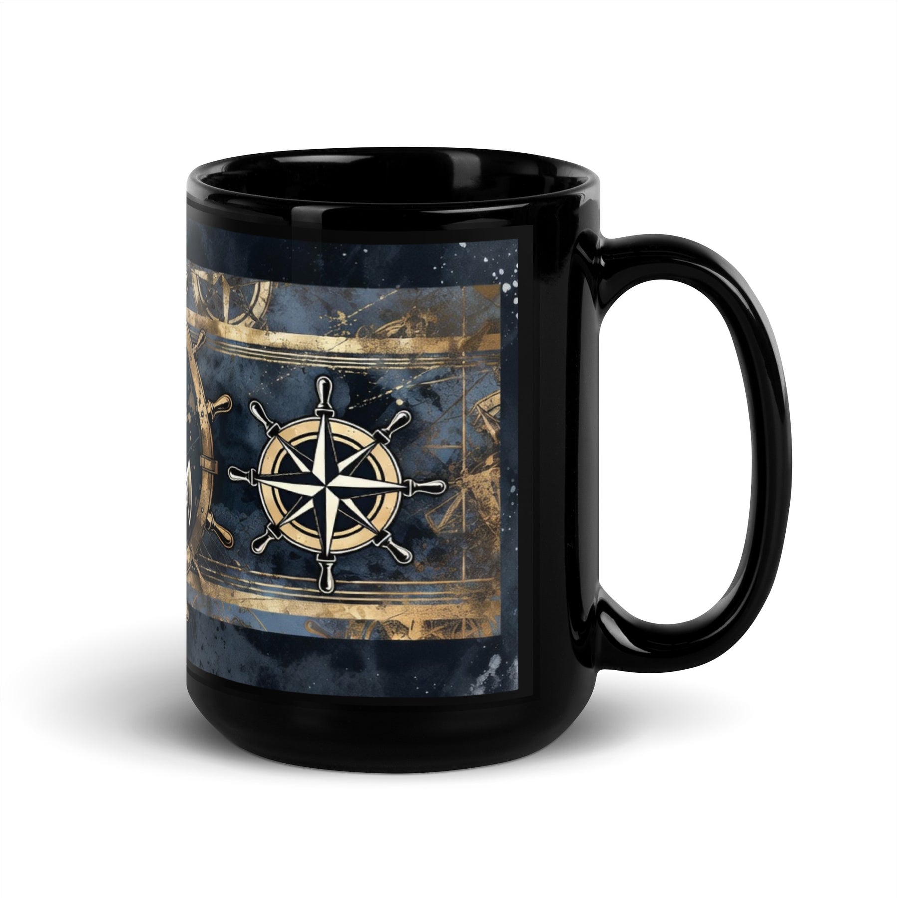 Black mug with a compass design on a white background