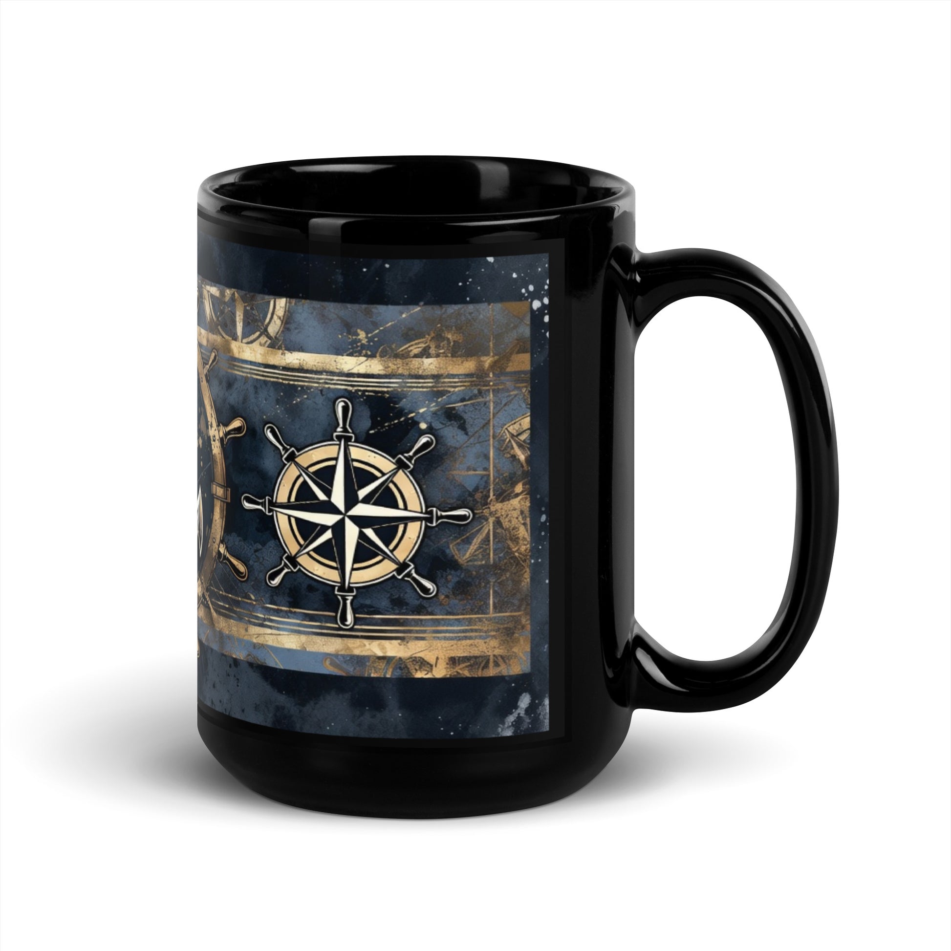 Black mug with a compass design on a white background
