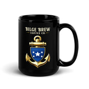 Black mug with 'Bilge Brew Coffee Co.' logo featuring an anchor and shield design on a white background.