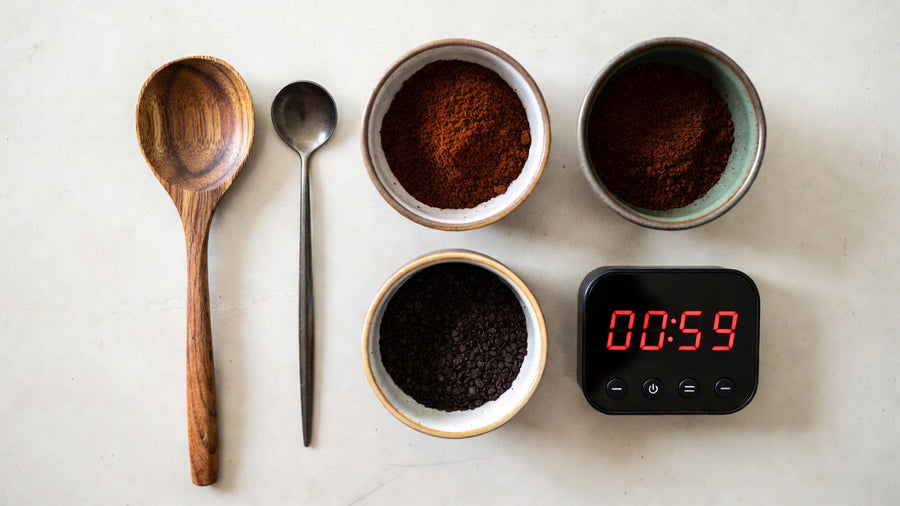 Three bowls of coffee grounds, a wooden spoon, a metal spoon, and a digital clock on a light surface.