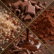 A four-panel collage showing chocolate ingredients and forms on a dark wooden surface: broken dark chocolate pieces, coarse brown sugar, cocoa powder, and glossy melted chocolate dripping over shavings.