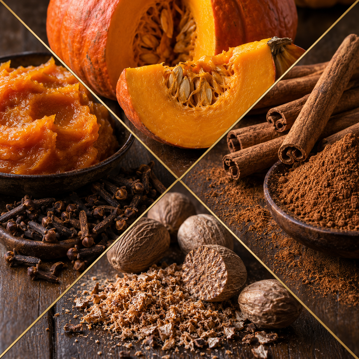 A four-panel collage of warm spices and ingredients on a dark wooden surface: a whole and sliced orange pumpkin, cinnamon sticks, ground cinnamon, cloves, nutmegs, and a pile of brown spice powder. Thin gold diagonal lines divide the panels.