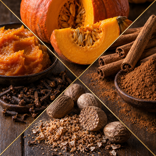 A four-panel collage of warm spices and ingredients on a dark wooden surface: a whole and sliced orange pumpkin, cinnamon sticks, ground cinnamon, cloves, nutmegs, and a pile of brown spice powder. Thin gold diagonal lines divide the panels.