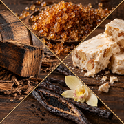 A four-panel collage showing ingredients for a confection: amber crystalline sugar in a wooden spoon, pale nougat with nuts, vanilla beans, and a vanilla orchid on a dark wooden surface.