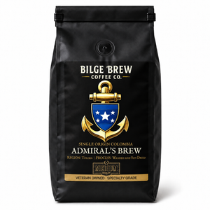 A black coffee bag with a gold, blue, and white Admiral's Brew label by Bilge Brew Coffee Co., shown on a clean white background.