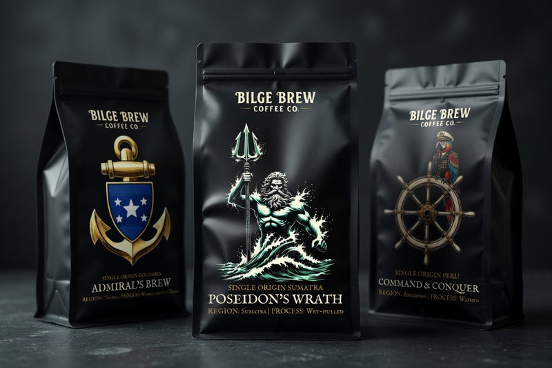 three bilge brew coffee bags in dark setting